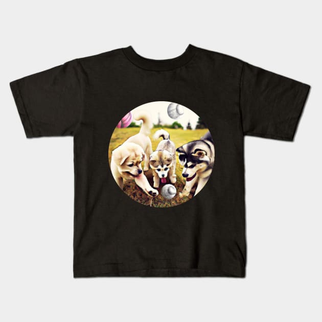 Cachorros de Perro jugando a la Pelota Kids T-Shirt by Cotton Candy Art